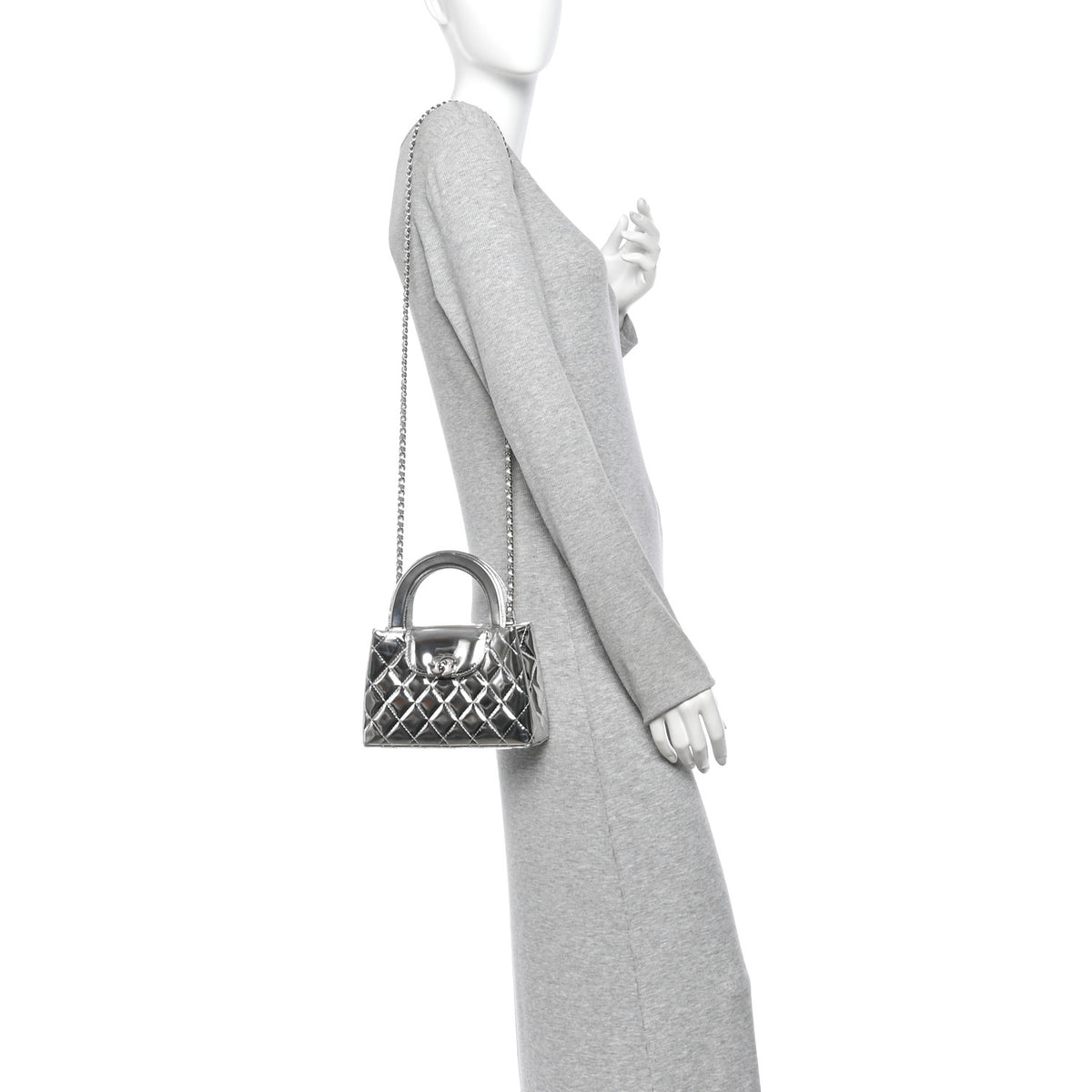 Chanel Mirror Calfskin Metallic Calfskin Quilted Nano Kelly Shopper Silvery 2 of 11