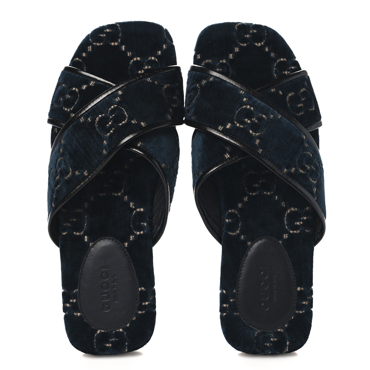 Gucci Velvet GG Monogram Womens Criss Cross Slide Sandals 36 Blue Beige Black 2 of 9