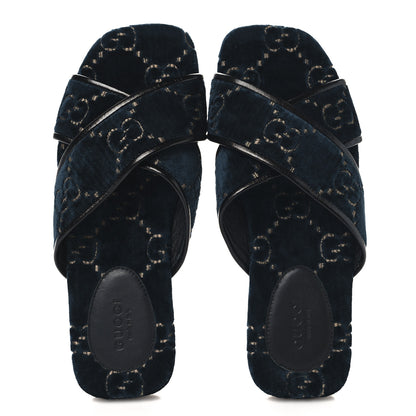 Gucci Velvet GG Monogram Womens Criss Cross Slide Sandals 36 Blue Beige Black 2 of 9