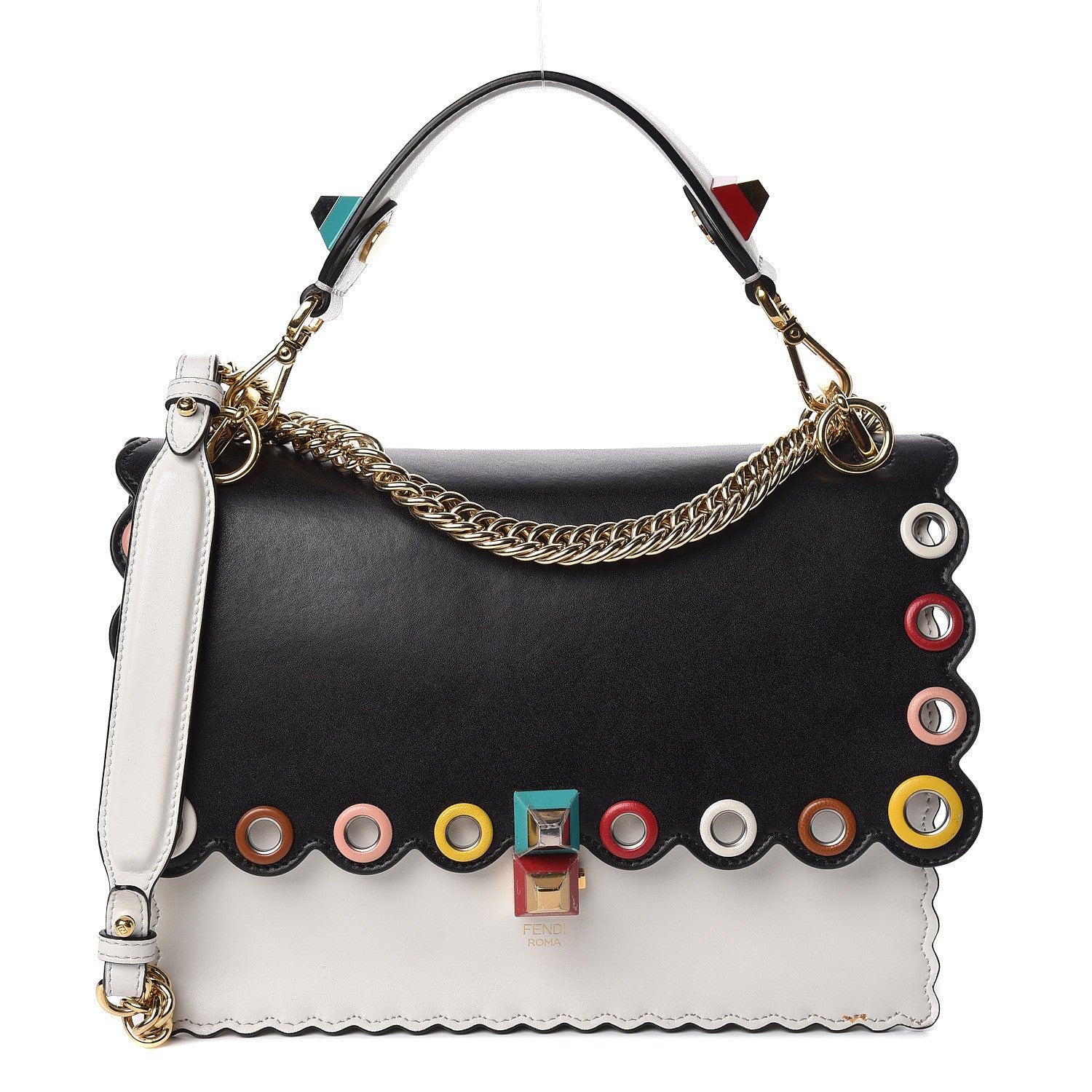 Fendi Calfskin Grommet Scalloped Kan I Shoulder Bag White Black Multicolor 1 of 10
