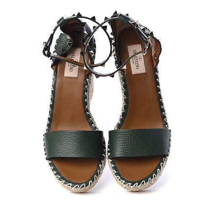 Valentino Garavani Grained Calfskin Rockstud Ankle Strap Espadrille 15/105mm Wedge Sandals 38 Army Green Natural 2 of 12