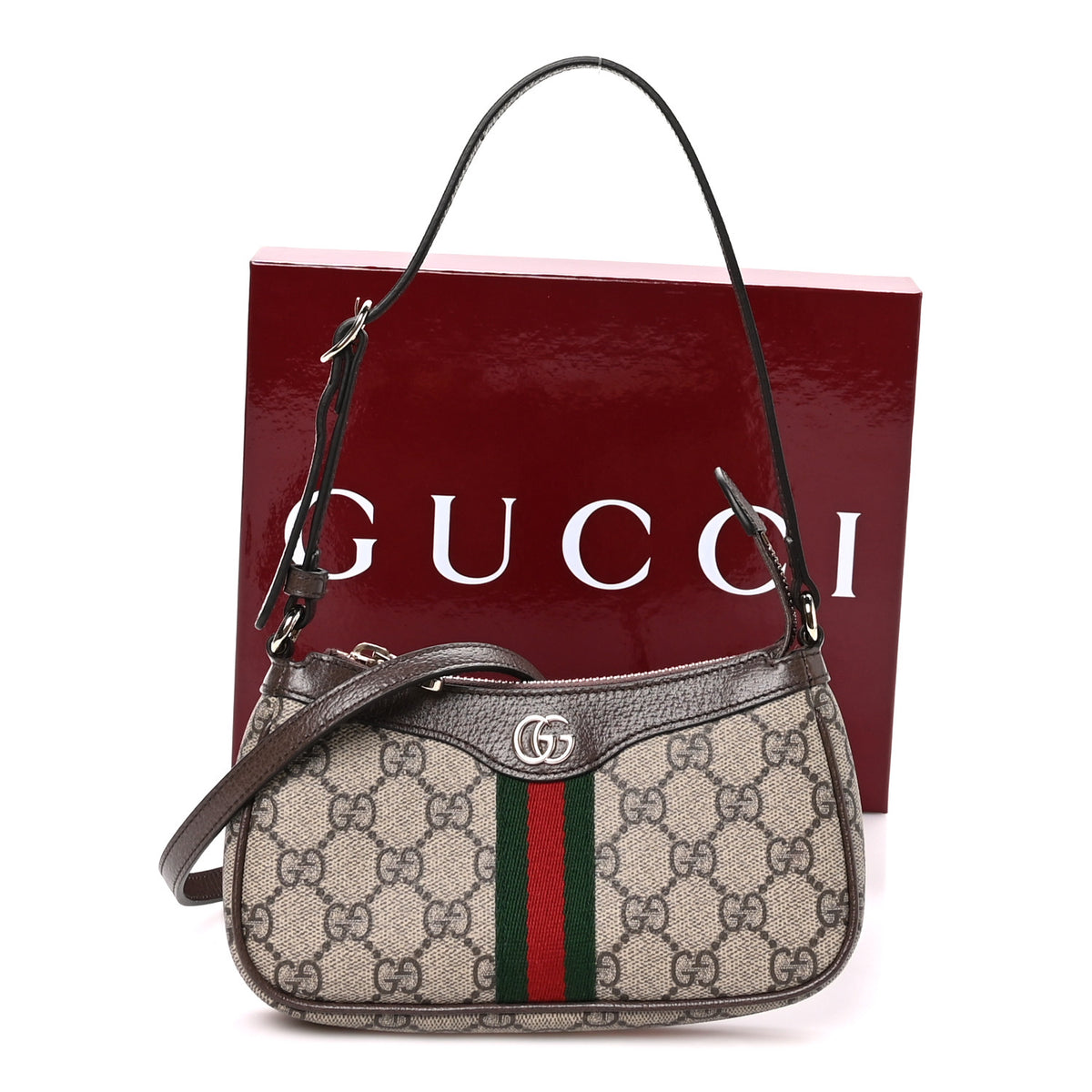 Gucci GG Supreme Monogram Textured Dollar Calfskin Web Mini Ophidia Shoulder Bag Beige Ebony New Acero 11 of 11