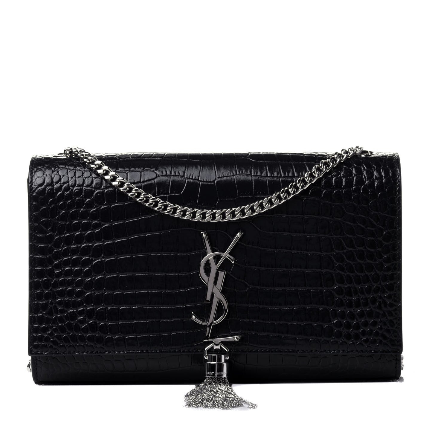 Calfskin Crocodile Embossed Medium Classic Monogram Kate Tassel Satchel Deep Marine