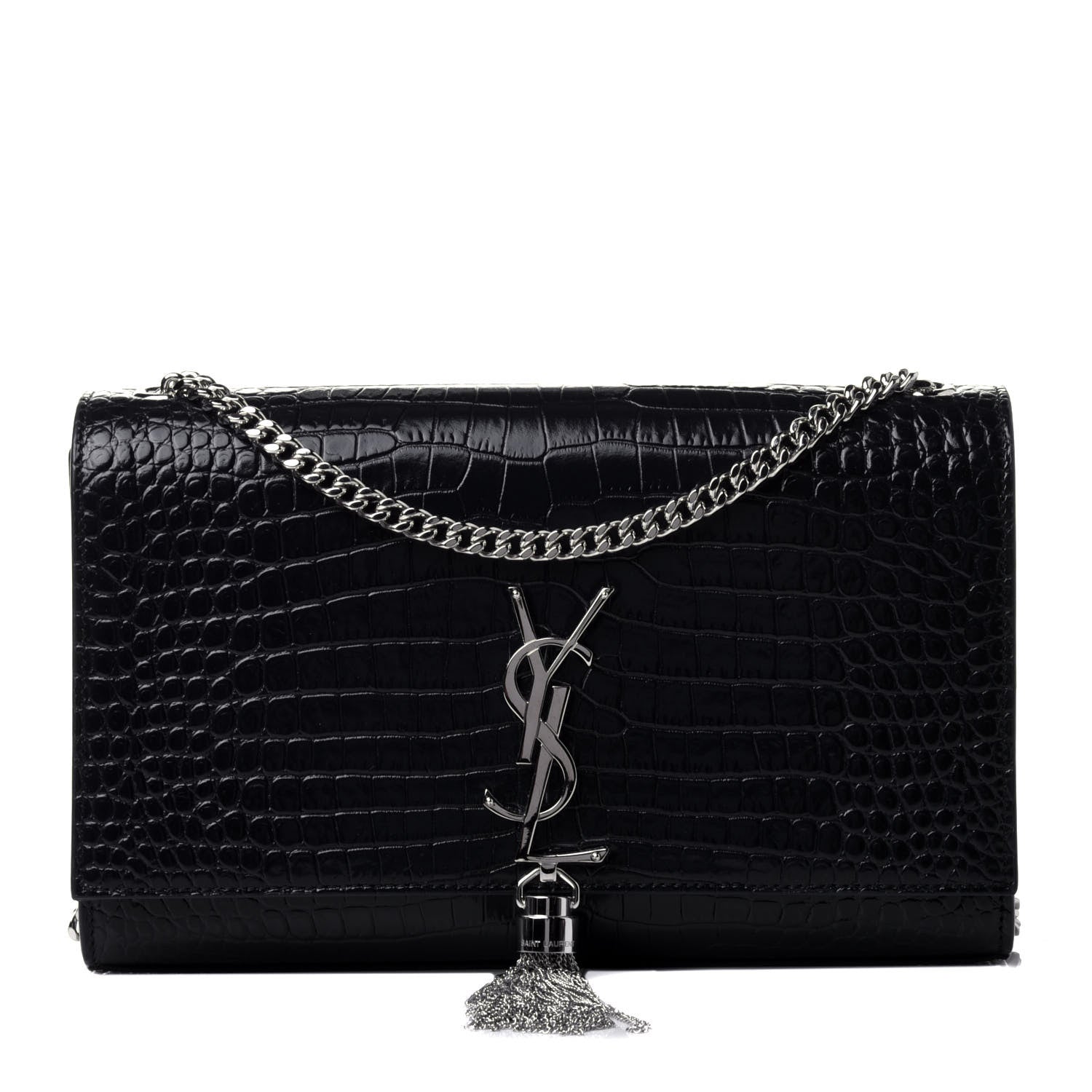 Saint Laurent Calfskin Crocodile Embossed Medium Classic Monogram Kate Tassel Satchel Deep Marine 1 of 5