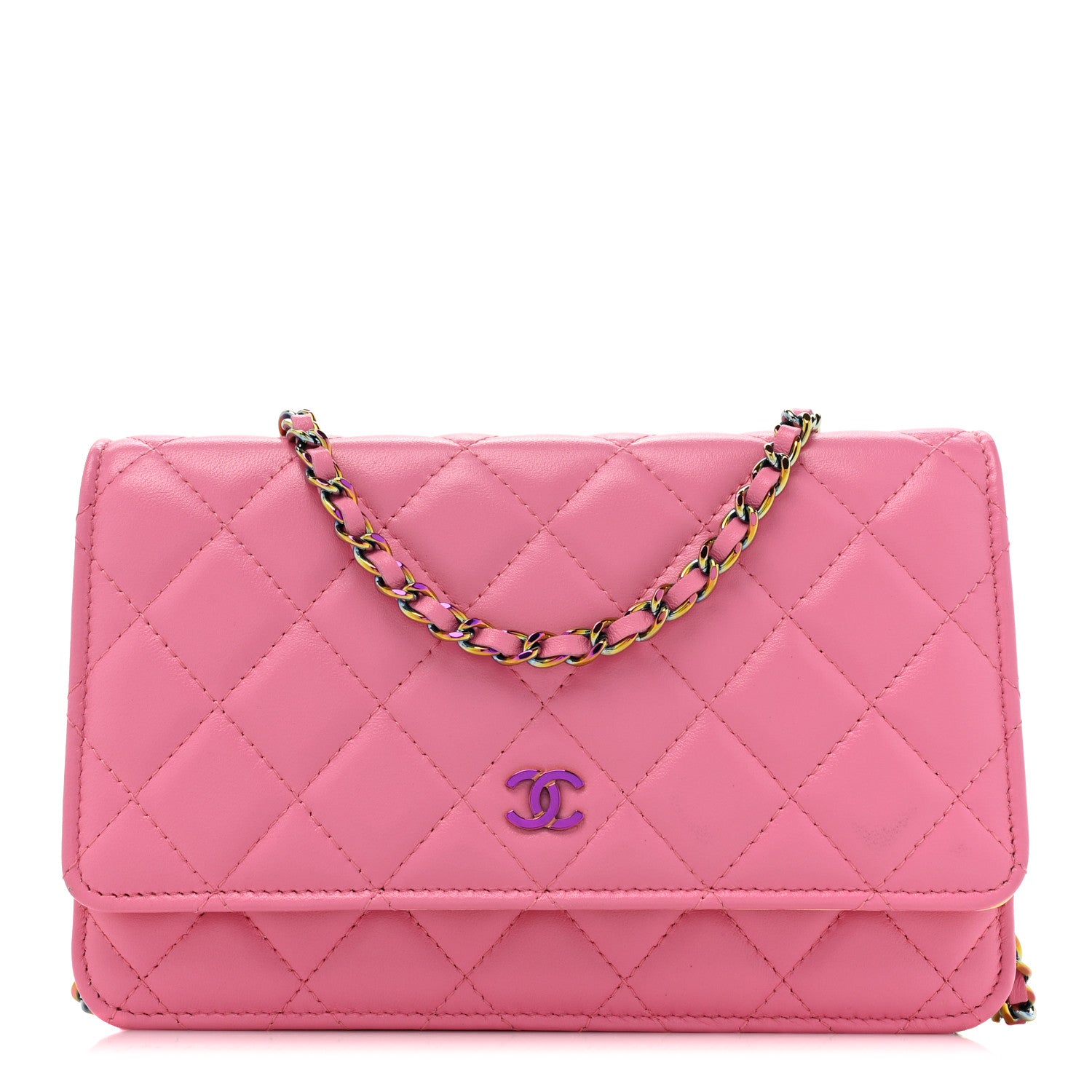 Chanel Lambskin Quilted Wallet On Chain WOC Pink Yellow 1 of 12