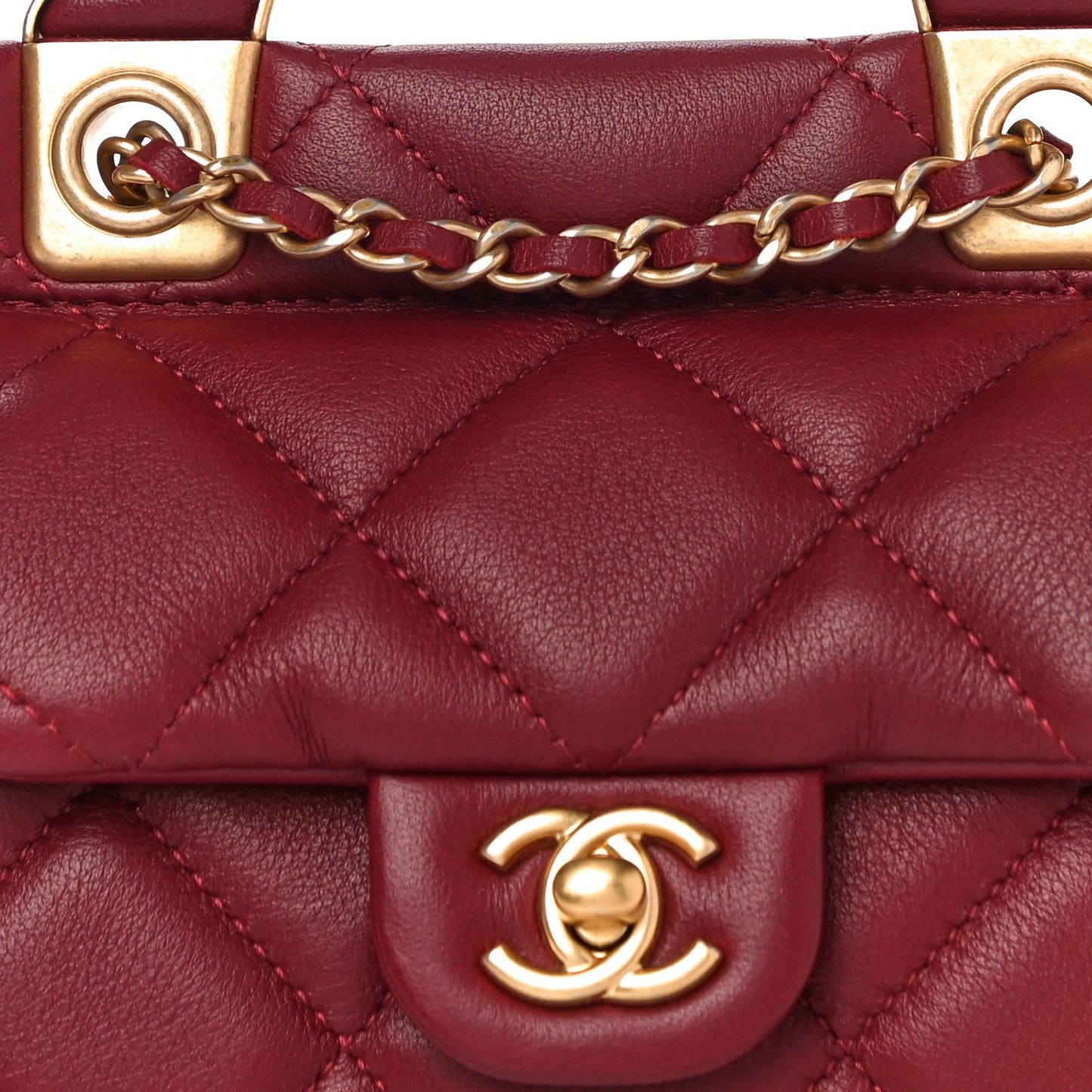 Calfskin Quilted Lady Handle Flap Card Holder With Chain Dark Pink