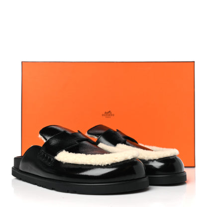 Hermes Glazed Nappa Shearling Go Mules 37.5 Black Ecru 8 of 8