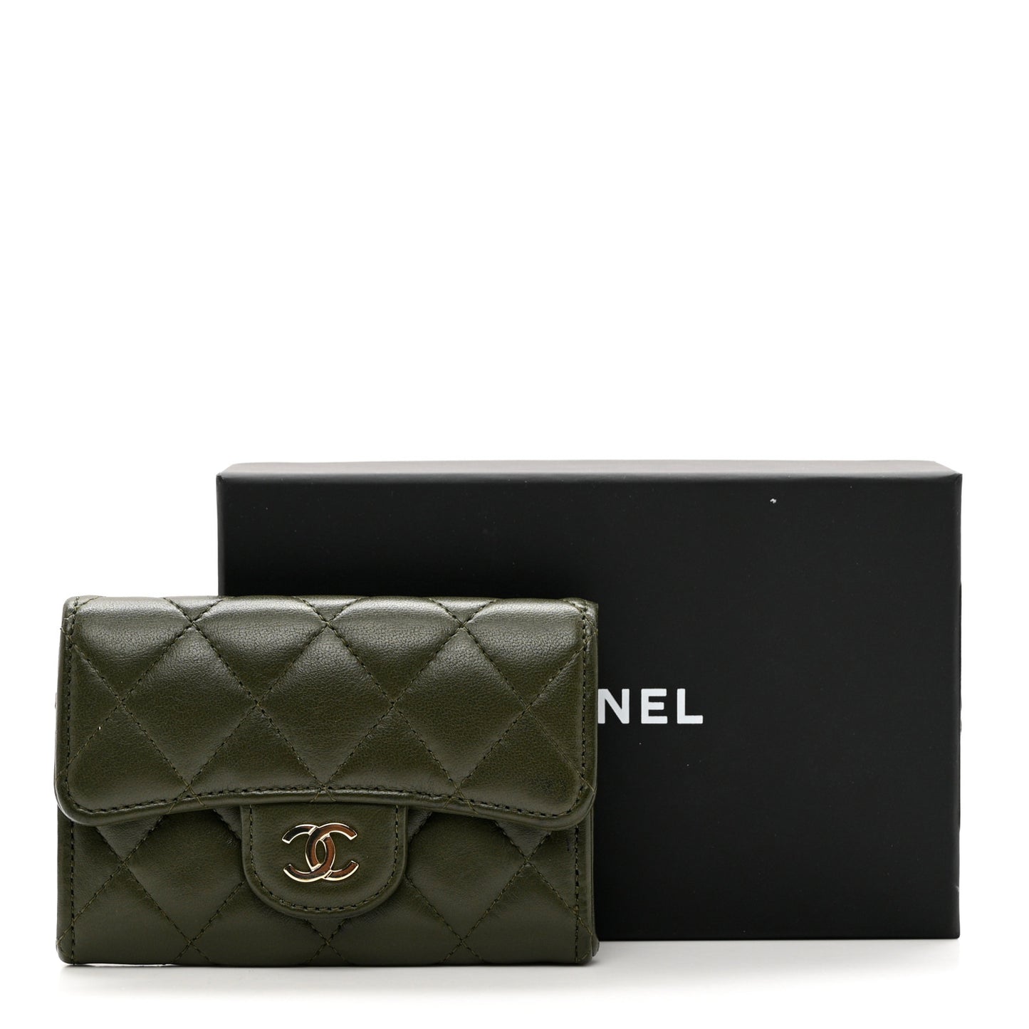 Lambskin Quilted Flap Card Holder Wallet Khaki