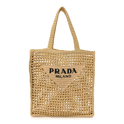 Prada Yarn Raffia Effect Crochet Logo Embroidered Tote Bag Naturale 1 of 8