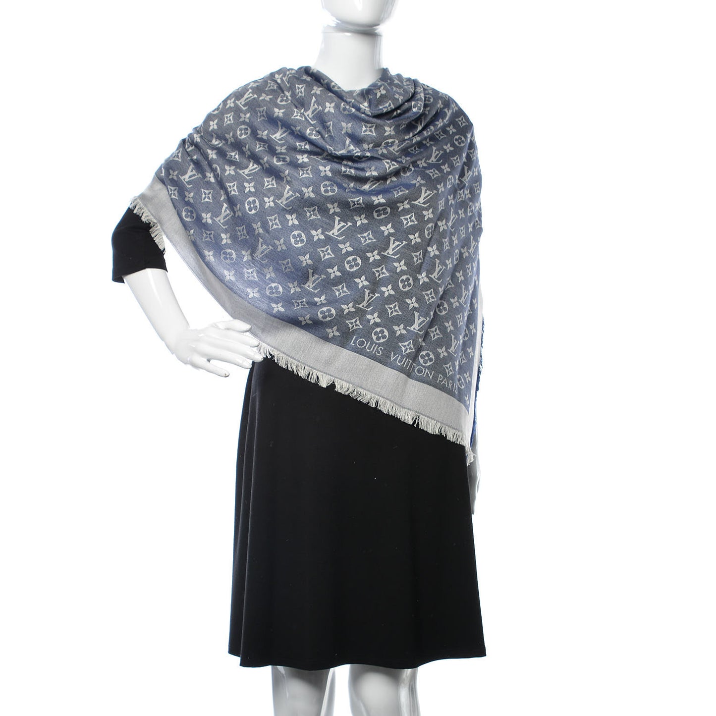 Wool Silk Monogram Denim Shawl Blue