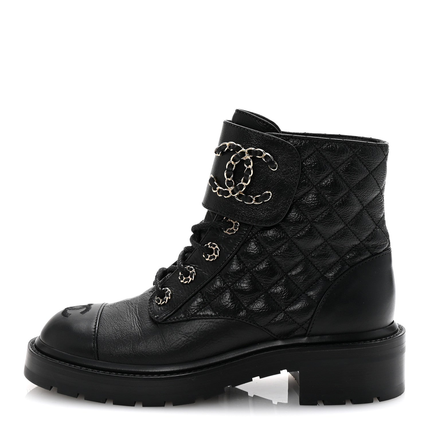 Chanel Shiny Lambskin Quilted Lace Up Combat Boots 38 Black 1 of 10
