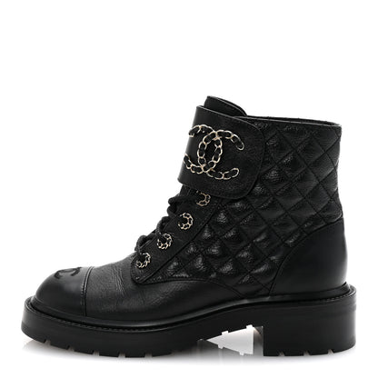 Chanel Shiny Lambskin Quilted Lace Up Combat Boots 38 Black 1 of 10