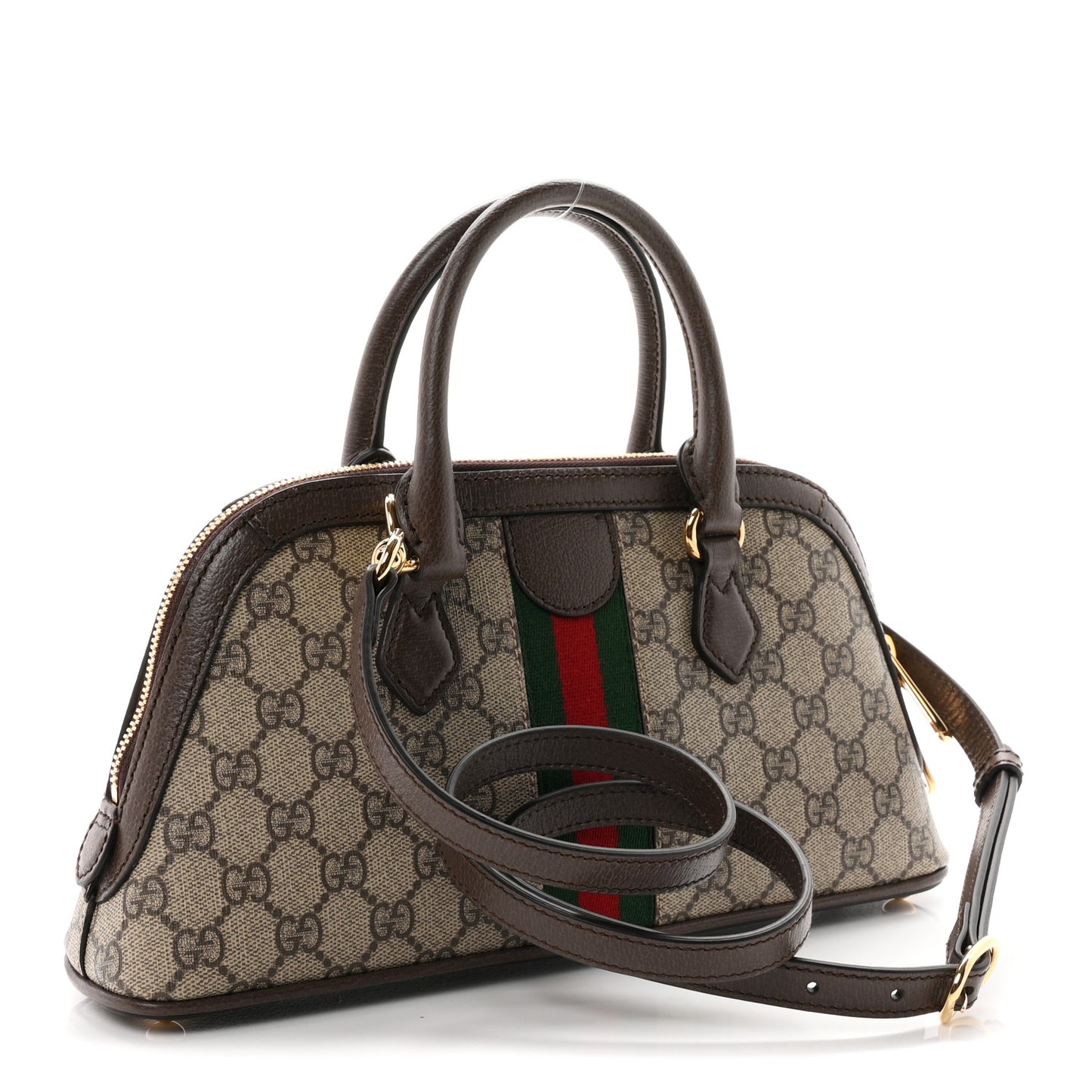GG Supreme Monogram Textured Dollar Calfskin Web Medium Ophidia Top Handle Bowler Bag Beige Ebony New Acero