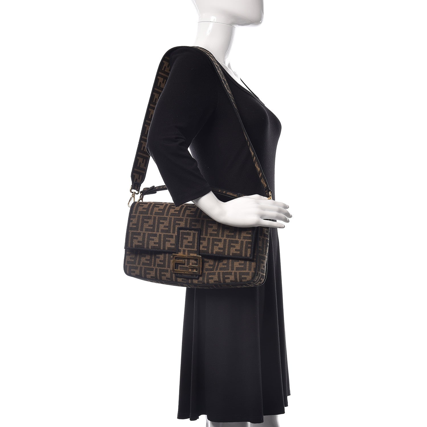 Fendi Fabric Jacquard FF 1974 Large Baguette Tobacco Moro Black 2 of 9