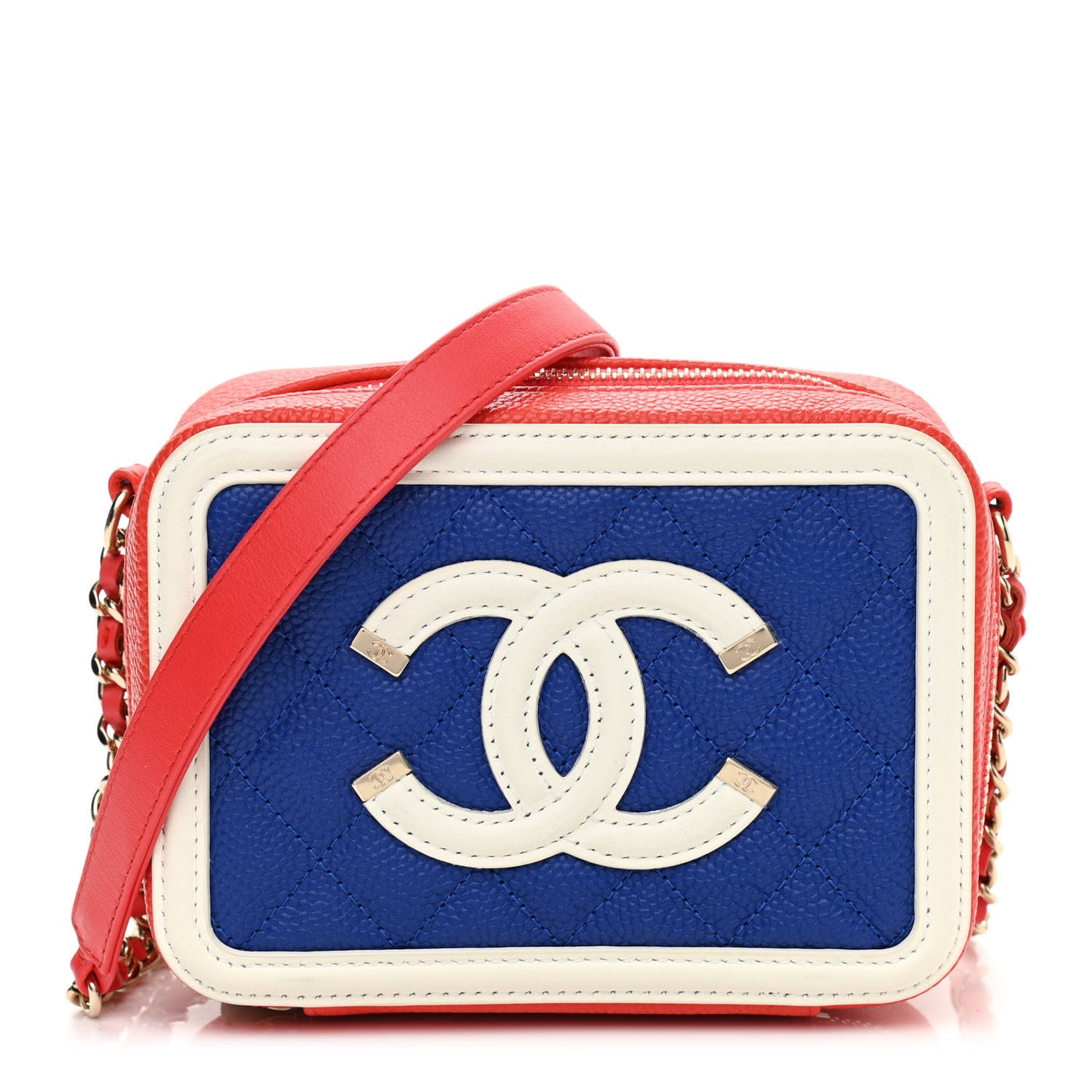 Caviar Quilted CC Filigree Vanity Clutch With Chain Blue White Red