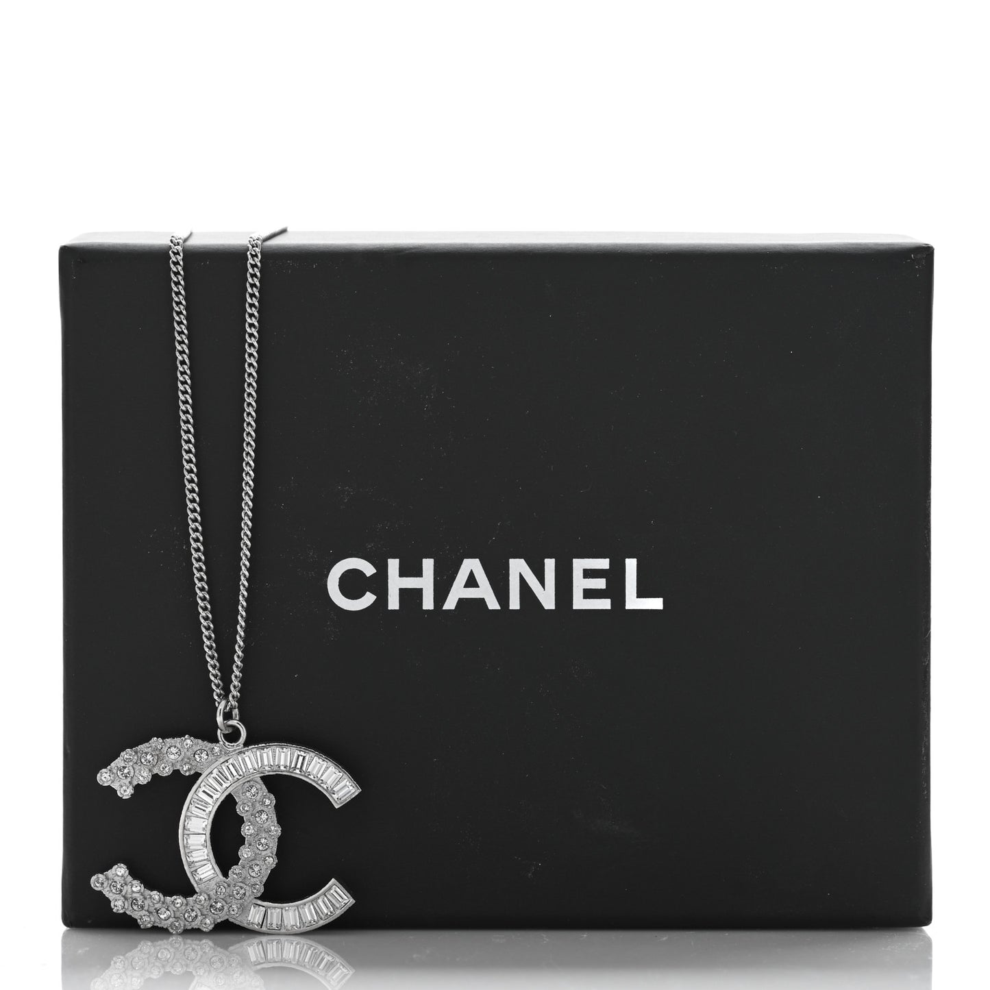 Metal Baguette Crystal Large CC Necklace Silver