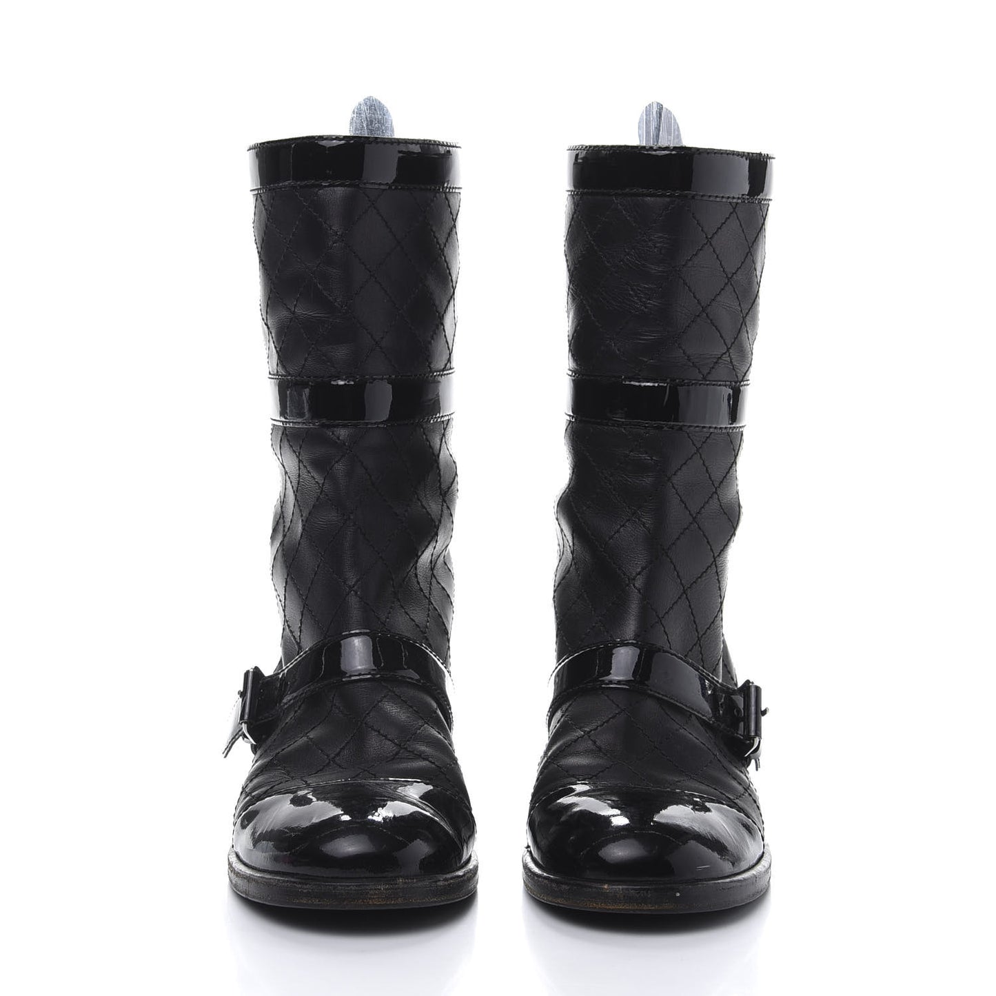 Calfskin Patent Quilted Cap Toe Boots 39.5 Black