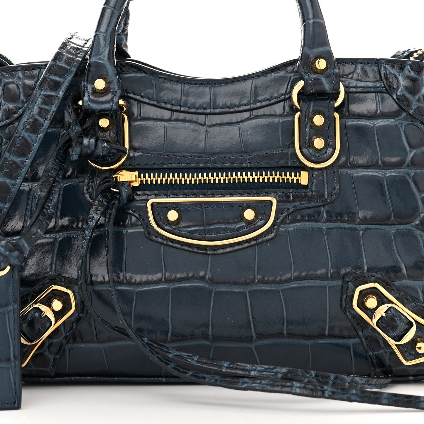 Shiny Supple Calfskin Crocodile Embossed Gold Metallic Edge Hardware Nano City Denim Blue