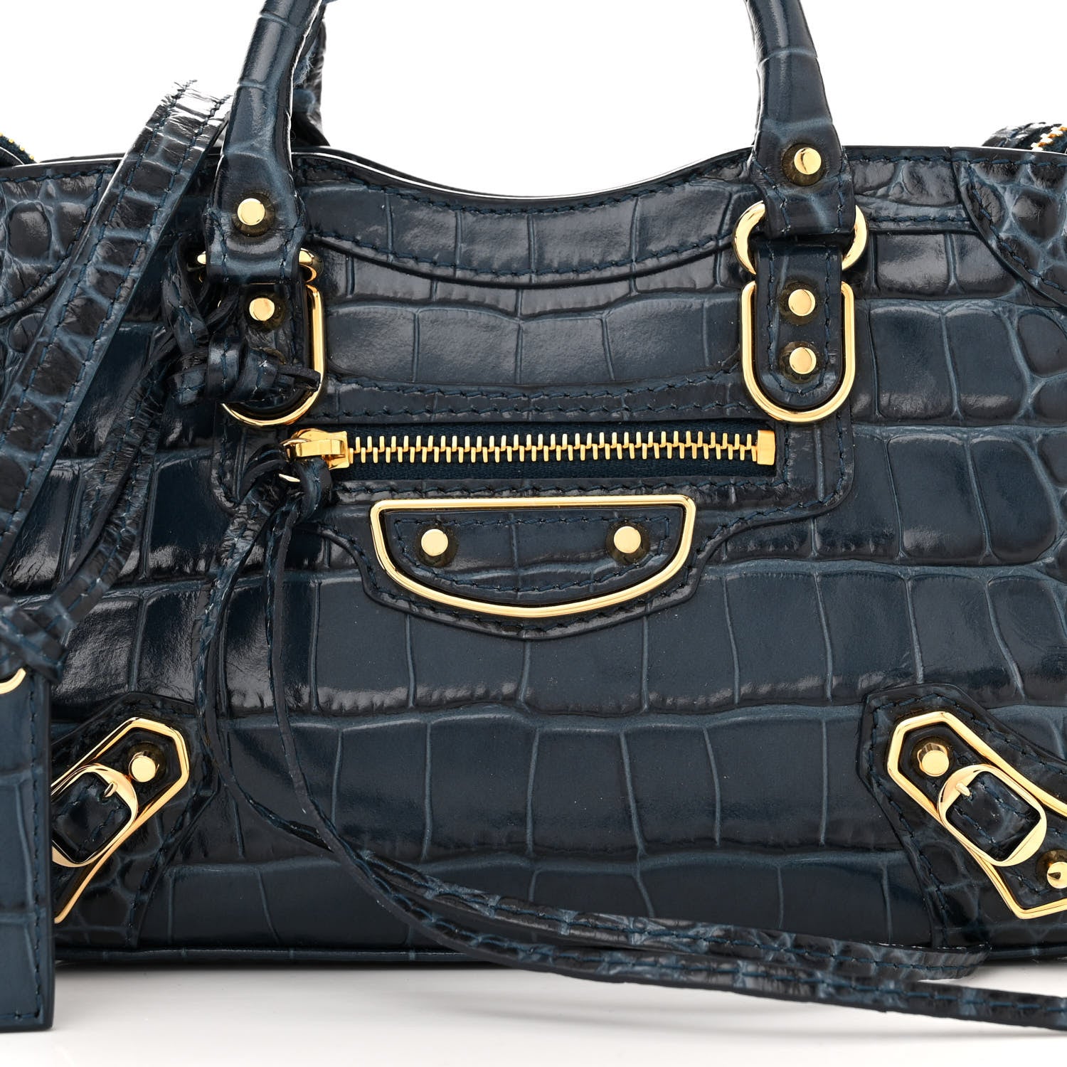 Balenciaga Shiny Supple Calfskin Crocodile Embossed Gold Metallic Edge Hardware Nano City Denim Blue 8 of 11