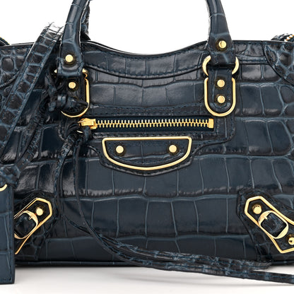 Balenciaga Shiny Supple Calfskin Crocodile Embossed Gold Metallic Edge Hardware Nano City Denim Blue 8 of 11