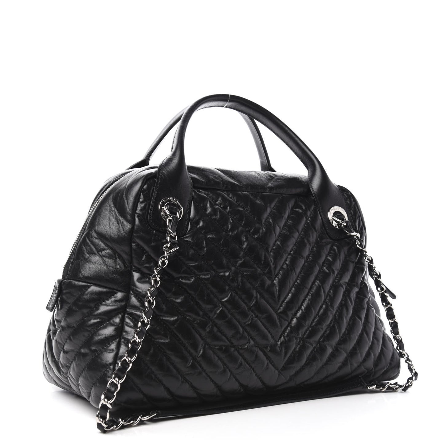 Aged Calfskin Chevron Medium Soft Bowling Bag Black