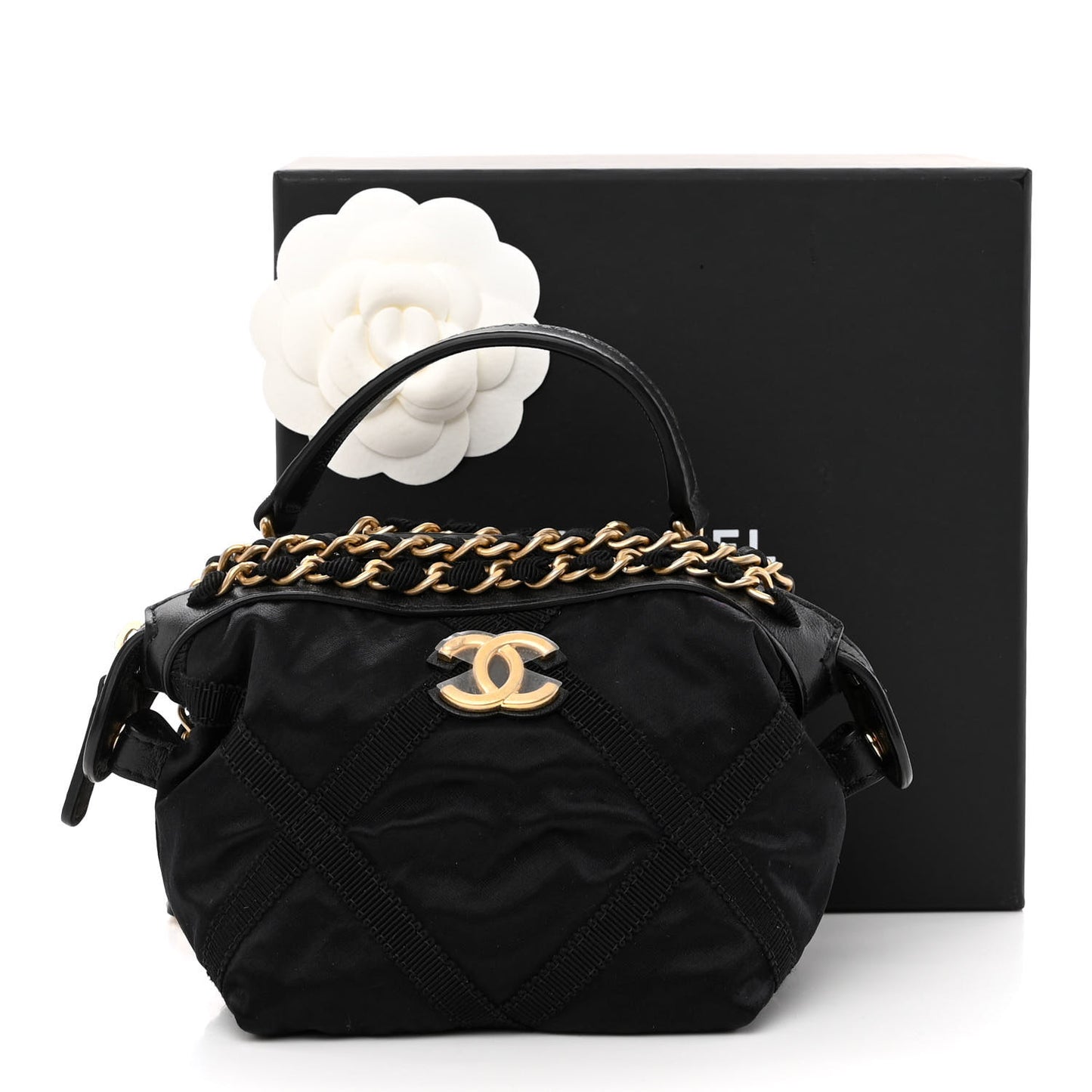 Nylon Grosgrain Quilted Lifestyle Clutch with Chain Black