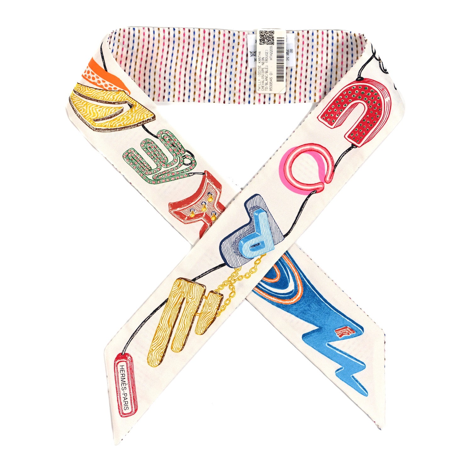 Hermes Silk Kantha Chevaloscope Neon Twilly White Bleu Rouge 1 of 4