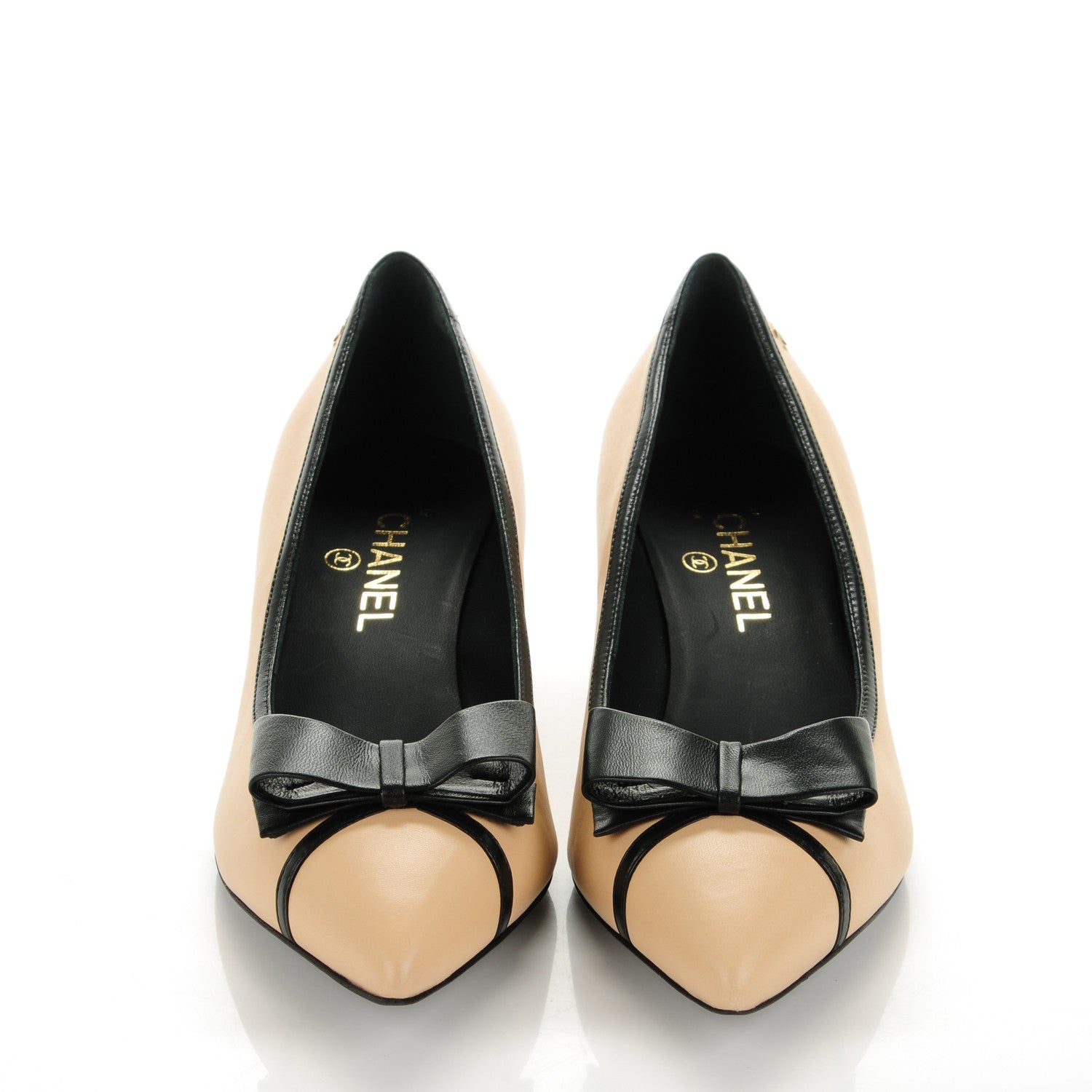 Chanel Lambskin Bow Pointed Toe Pumps 39.5 Beige Black 2 of 8