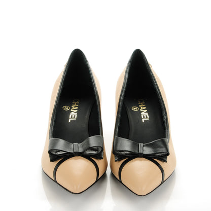 Chanel Lambskin Bow Pointed Toe Pumps 39.5 Beige Black 2 of 8