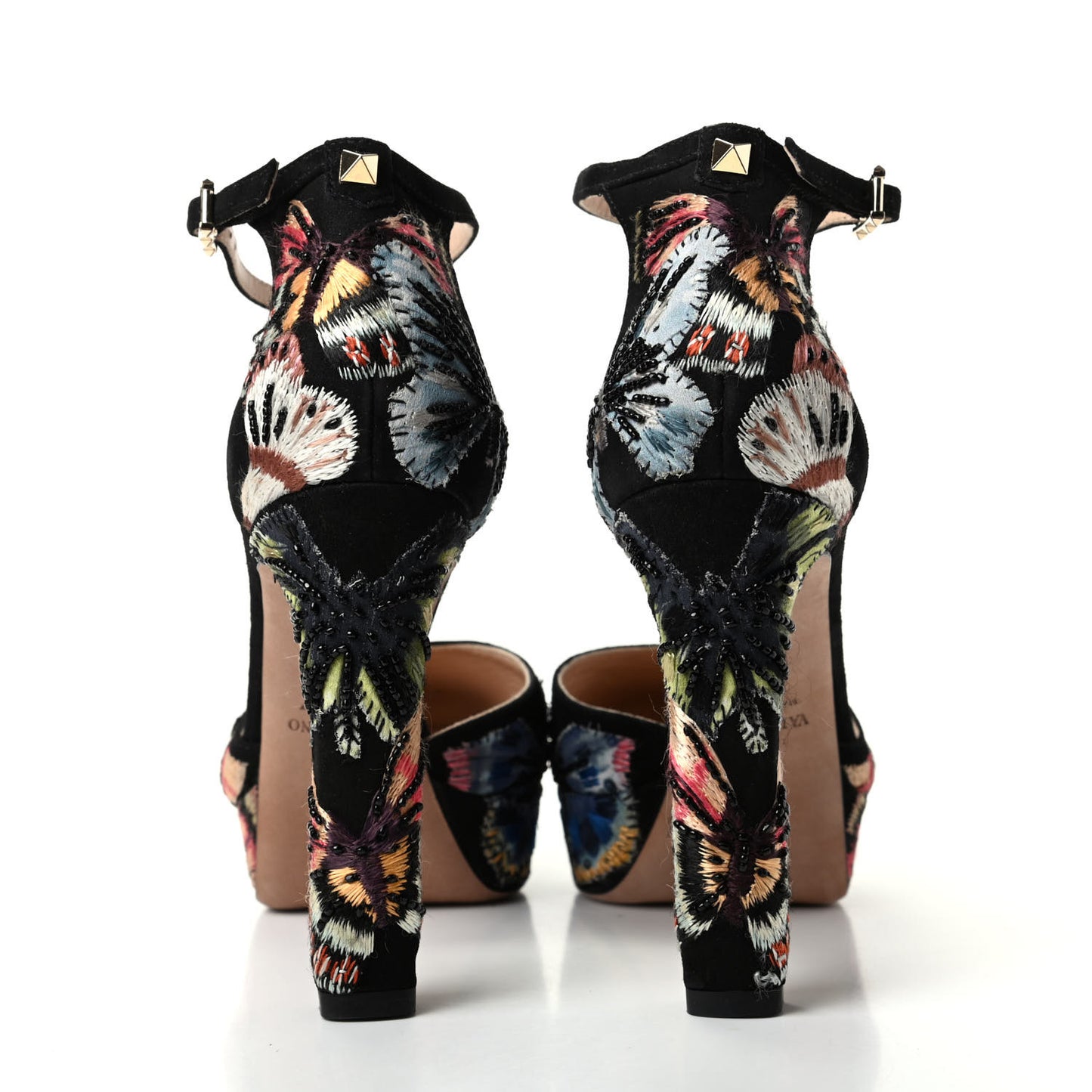 Suede Butterfly Embroidered d'Orsay Ankle Strap Platform Pumps 37.5 Black