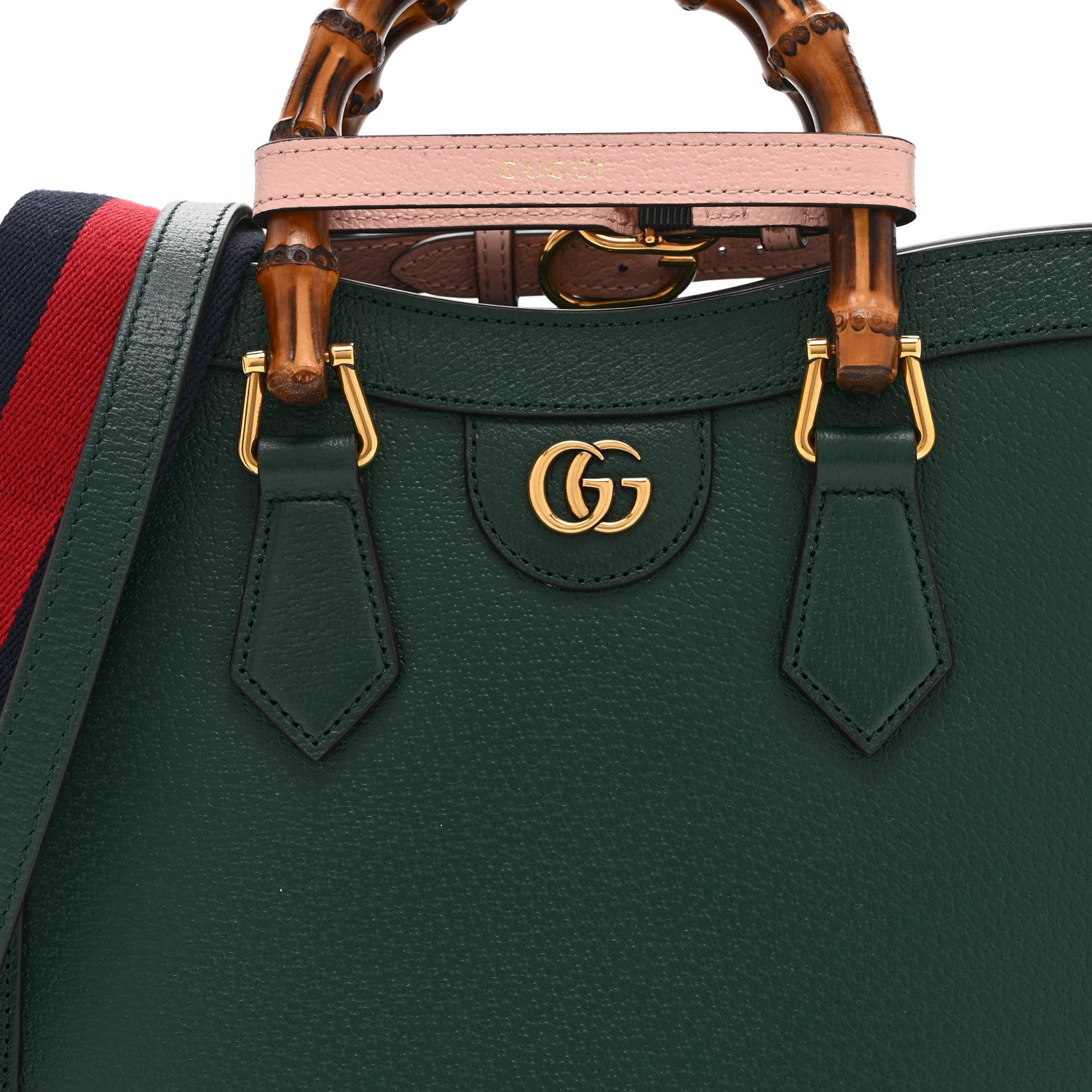 Gucci Textured Dollar Calfskin Web Small Diana Tote Bag Vintage Green Powder Pink 9 of 11