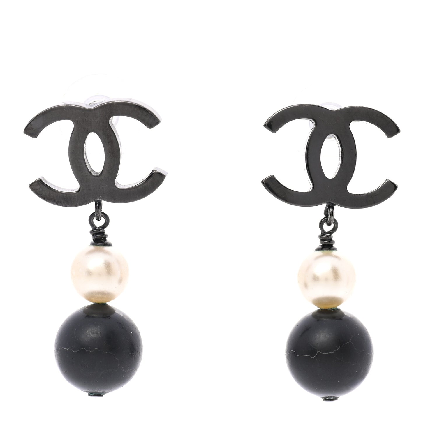 Ruthenium Pearl Bead CC Drop Earrings Black