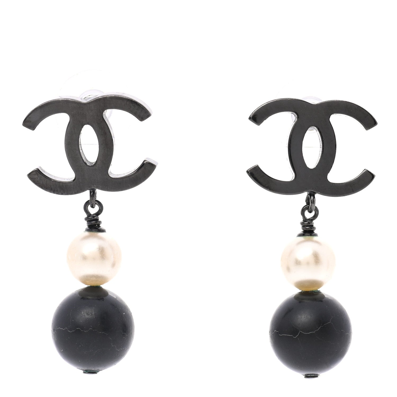 Chanel Ruthenium Pearl Bead CC Drop Earrings Black 1 of 5