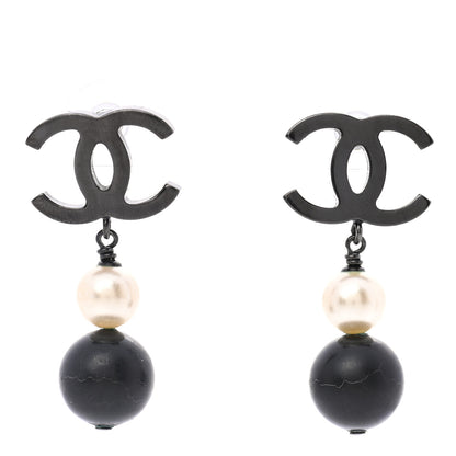 Chanel Ruthenium Pearl Bead CC Drop Earrings Black 1 of 5