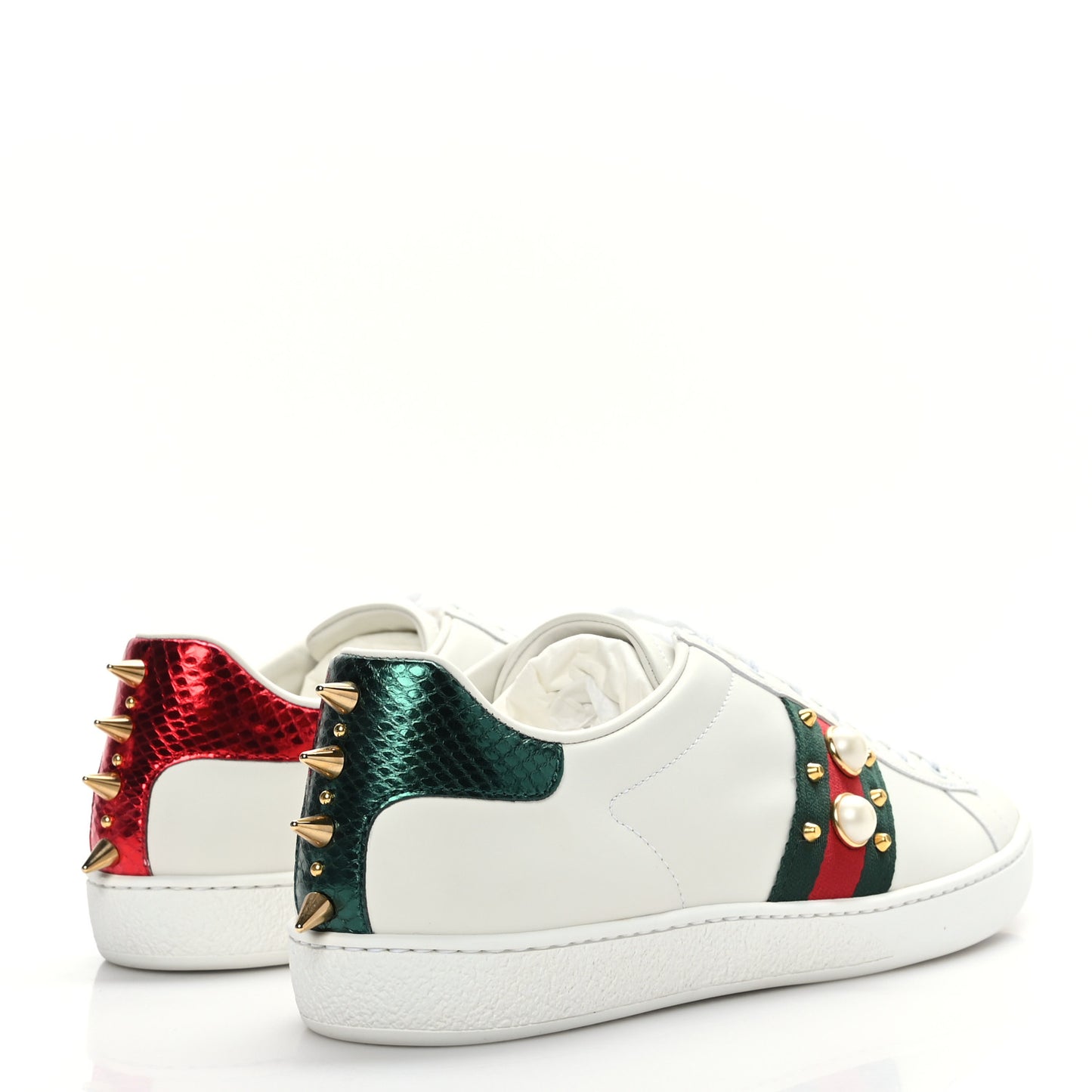Calfskin Web Pearl Studded Womens Ace Sneakers 40 White