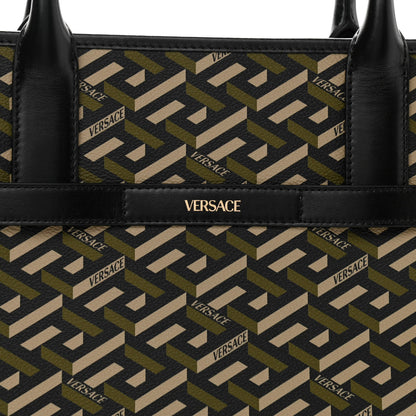 Versace Coated Canvas Calfskin La Greca Signature Tote Bag Black Khaki 7 of 10