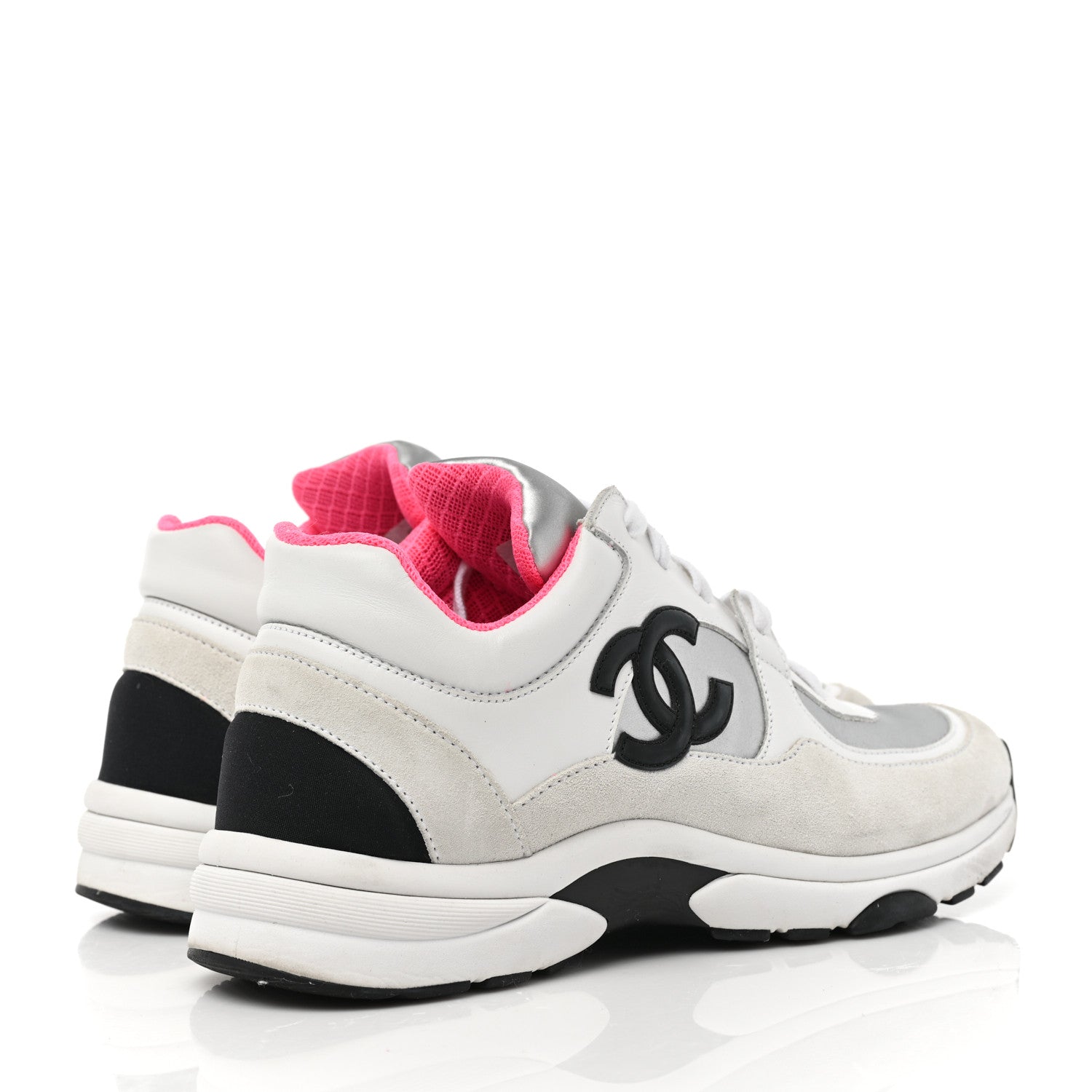 Chanel Calfskin Fabric Sneakers 37.5 White Silver Fluo Pink 4 of 8