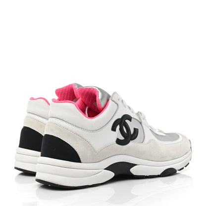 Chanel Calfskin Fabric Sneakers 37.5 White Silver Fluo Pink 4 of 8