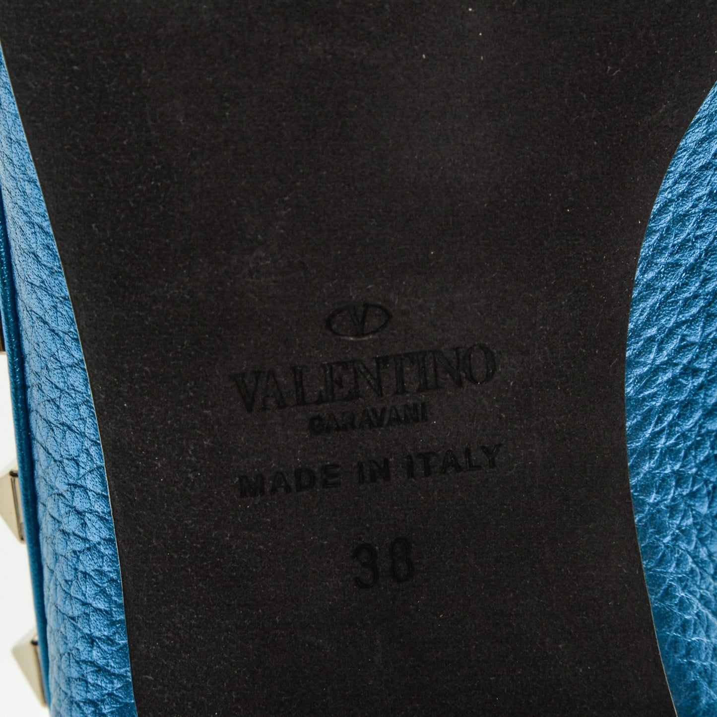 Metallic Pebbled Calfskin Rockstud Ballerina Flats 38 Light Blue