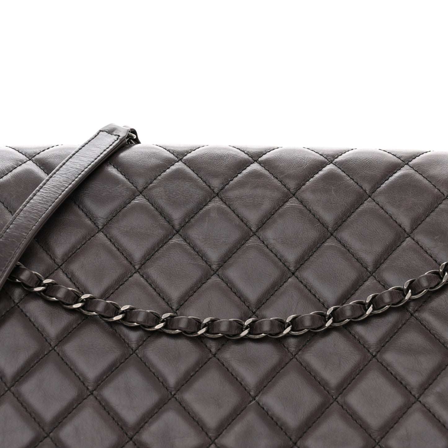 Calfskin Quilted Large CC Enchained Accordion Flap Grey