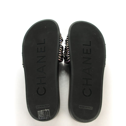 Chanel Tweed Lambskin Chain Flat Sandals 39 Black Multicolor 6 of 9