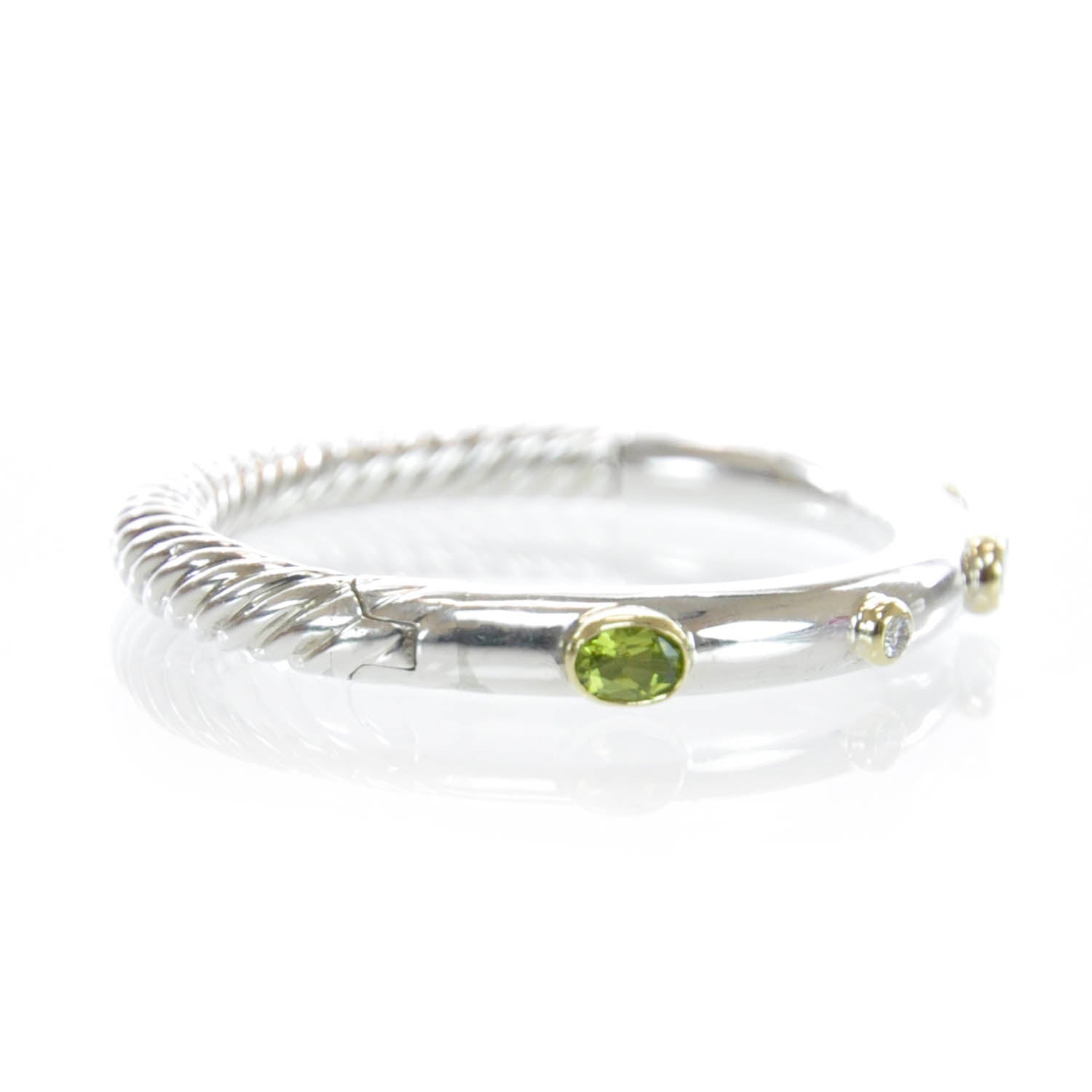 David Yurman Sterling Silver and 18k Gold Signature Peridot Diamond 5mm Bangle 3 of 7