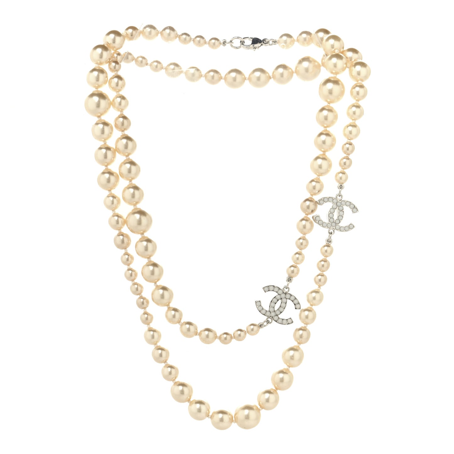 Graduated Pearl CC Long Necklace Silver