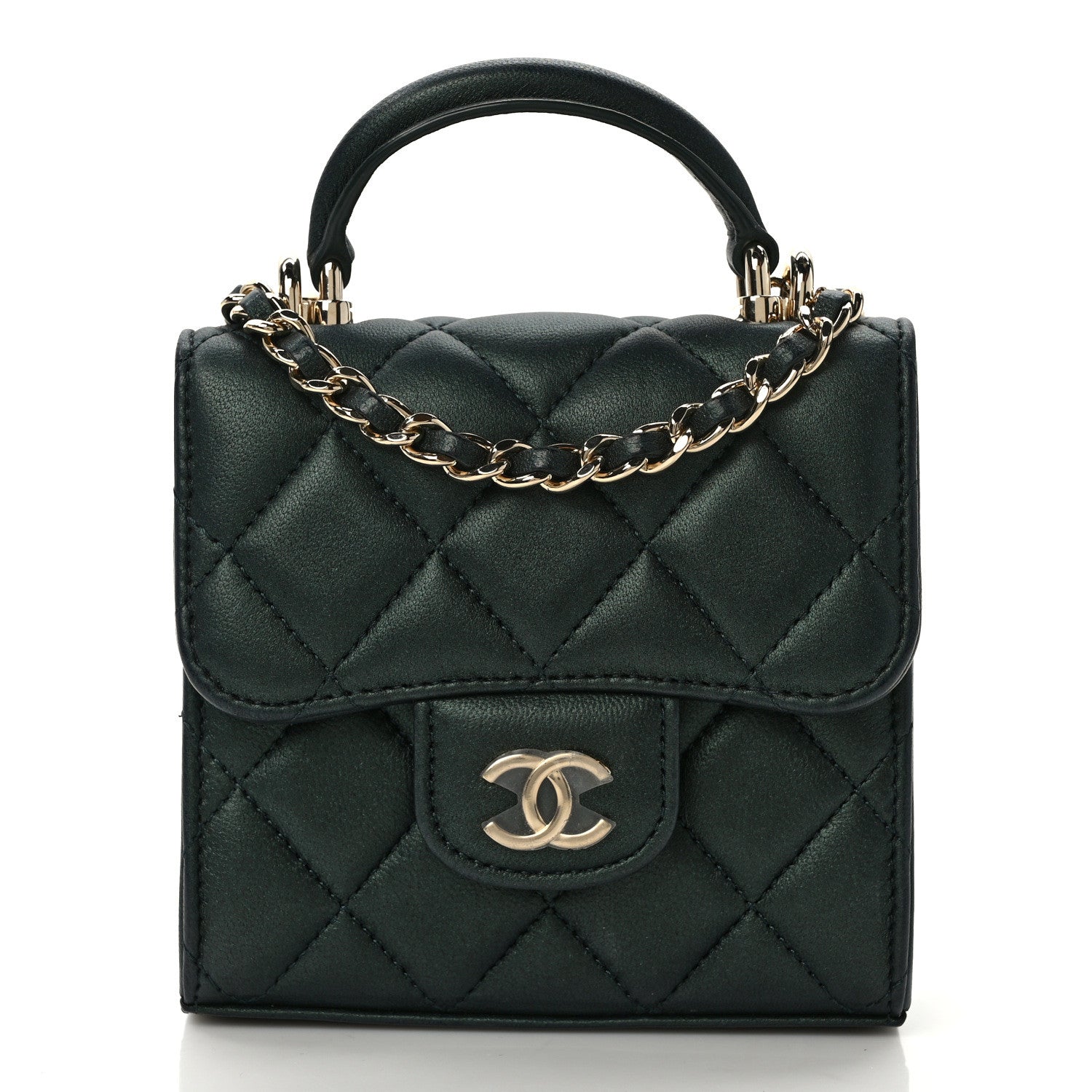 Chanel Iridescent Lambskin Quilted Top Handle Flap Clutch With Chain Dark Green 7 of 15