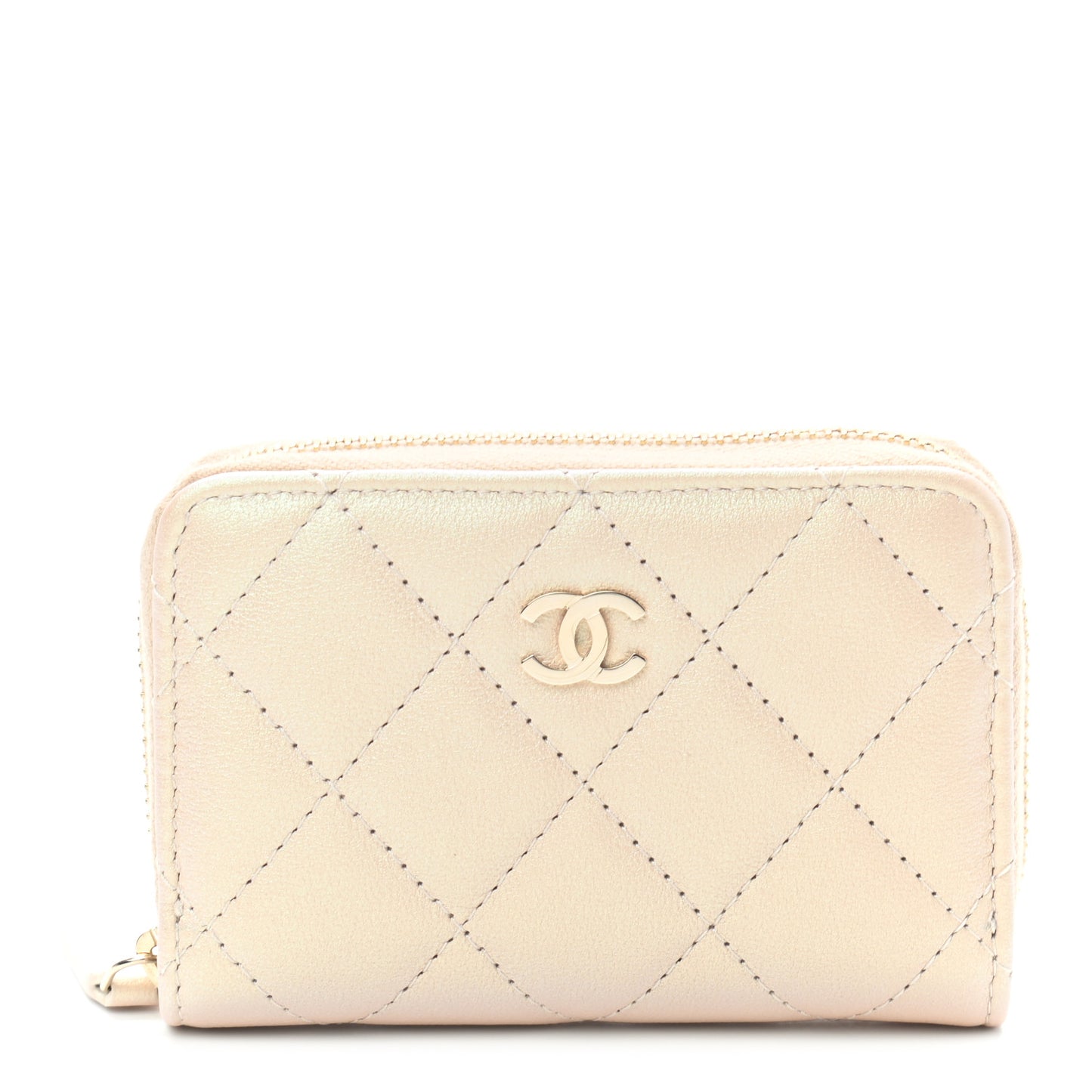 Iridescent Calfskin Quilted Zip Coin Purse Wallet Beige