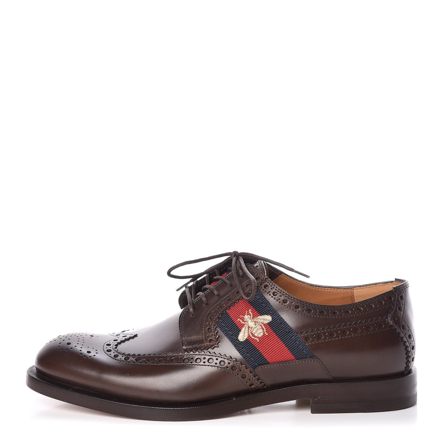 Gucci Calfskin Web Bee Embroidered Mens Lace Up Brogue Wingtip Derby Shoes 7 Cocoa 1 of 8