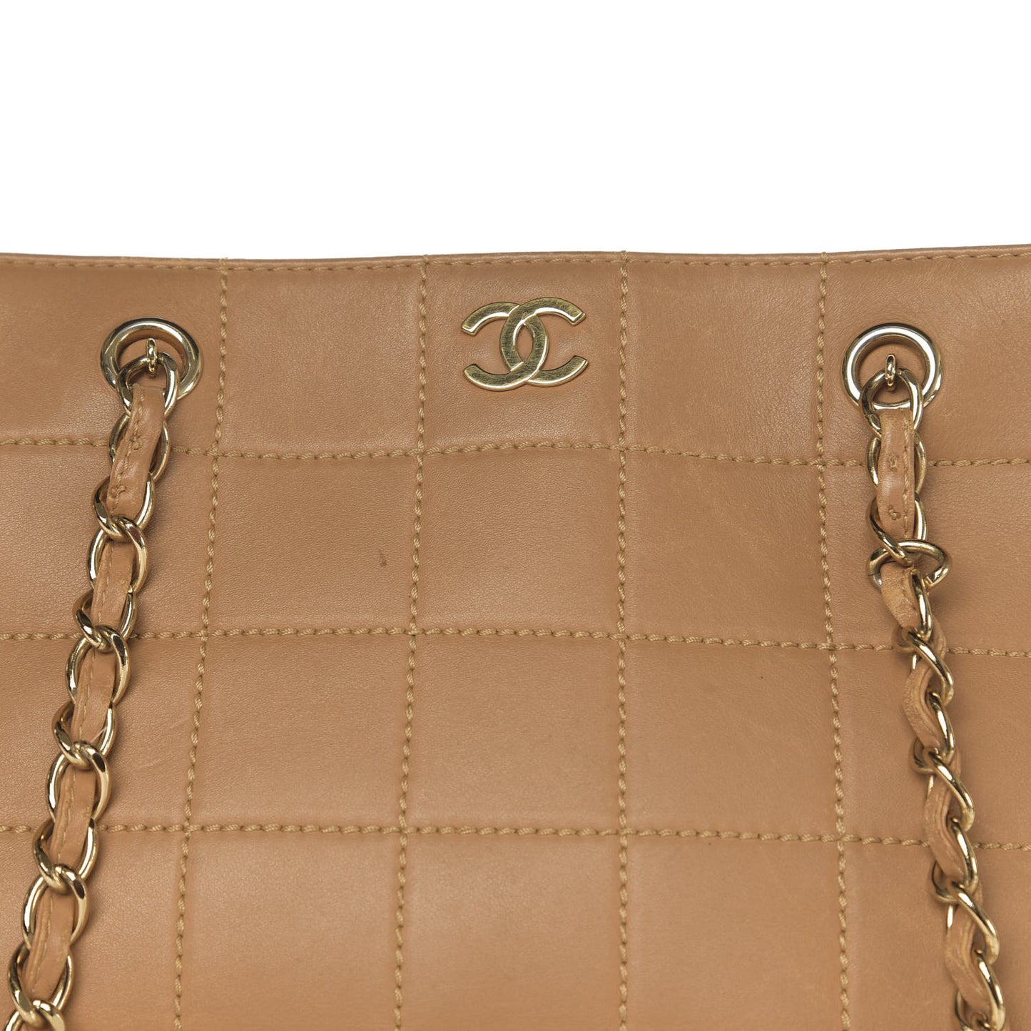 Calfskin Stitched Chocolate Bar Shopping Tote Beige