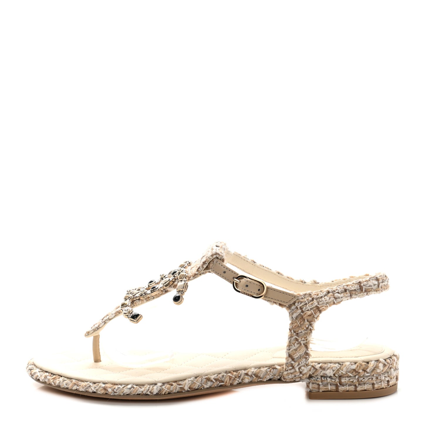 Tweed Pearl CC Thong Sandals 38.5 Ivory