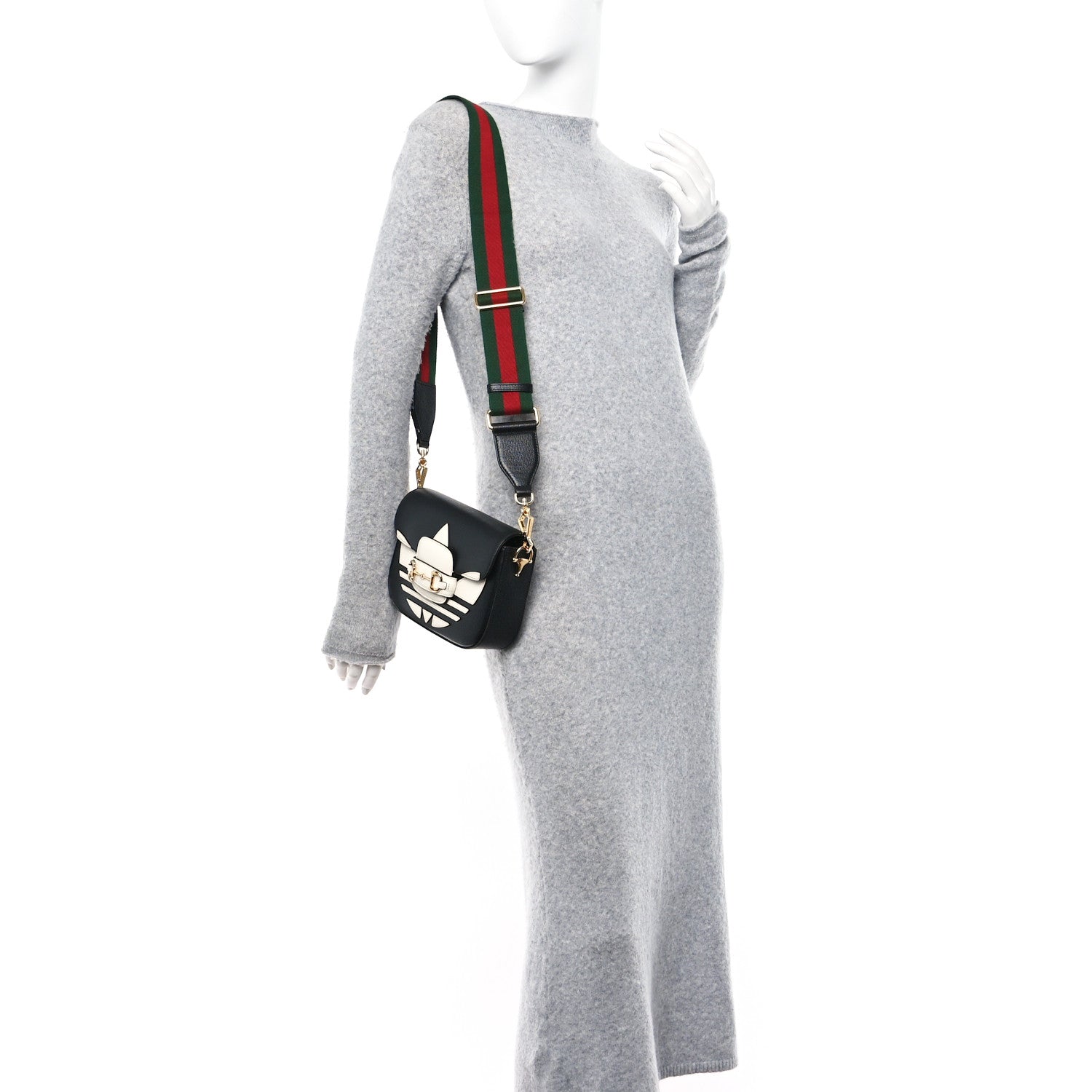 Gucci X ADIDAS Textured Dollar Calfskin Web Trefoil Mini Horsebit 1955 Shoulder Bag Black Off White 2 of 10