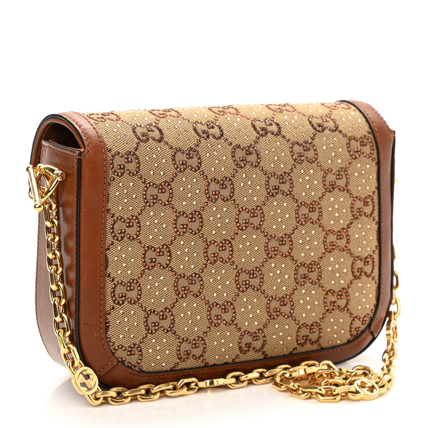 New Canvas Charisma Calfskin Crystal GG Monogram Mini Horsebit 1955 Shoulder Bag Camel Ebony